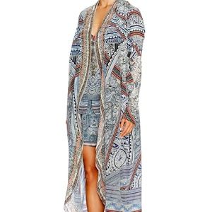 Camilla Antique Batik Long Silk Jacket Coat Duster Robe Kimono with Pockets